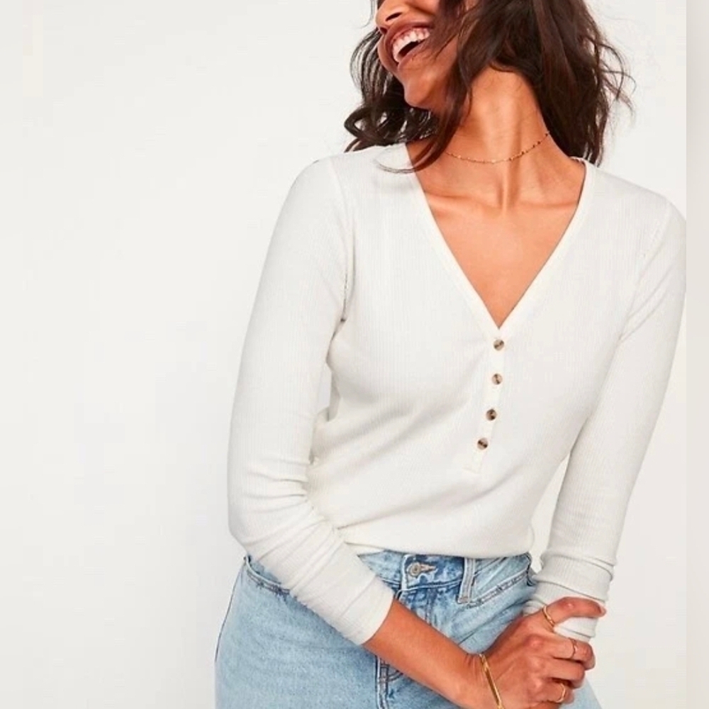 Old Navy Ribbed Knit Slim Fit Henley Longsleeve Shirt White XL